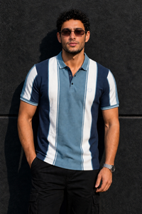 Men Blue & White Striped Polo T-Shirt with Snap Buttons ATL9239