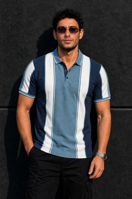 Men Blue & White Striped Polo T-Shirt with Snap Buttons ATL9239