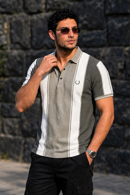Men Pista & White Striped Polo T-Shirt with Snap Buttons ATL9239