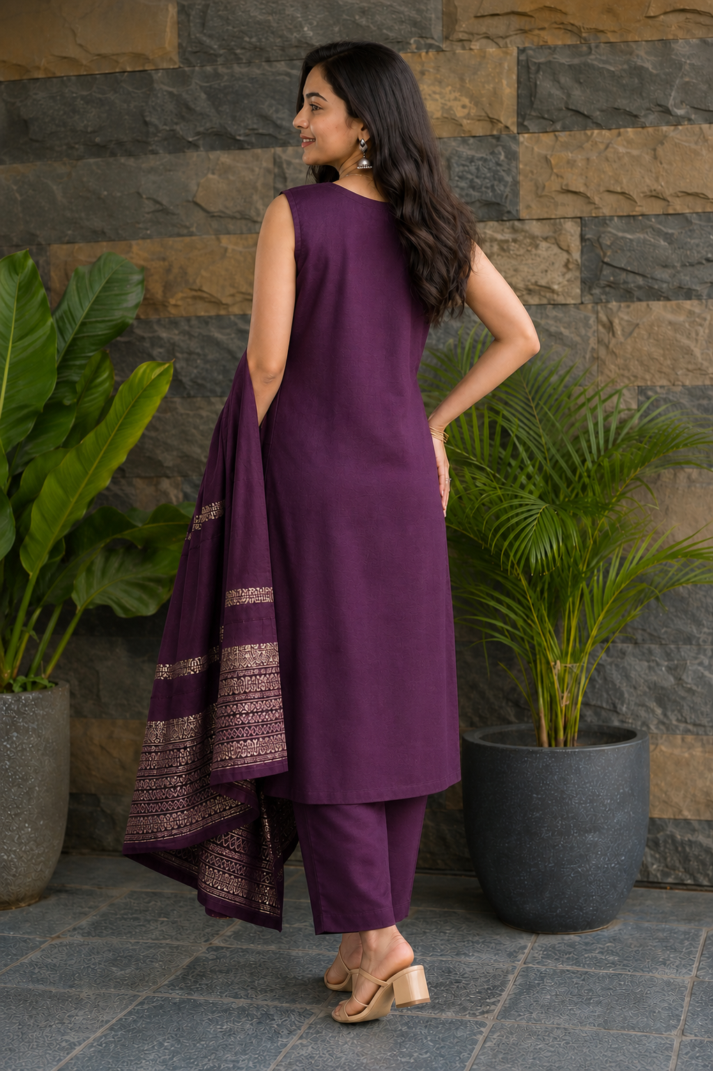 Women Wine Embroidered V-Neck Kurti & Pant Dupatta Set 151-314