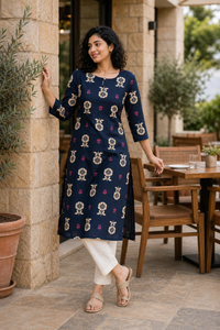Women Navy Blue Beige Floral Cotton Kurti - Stylish Pose