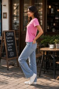 Women Pink Printed Short Sleeve T-Shirt | Soft & Trendy M-7274-2
