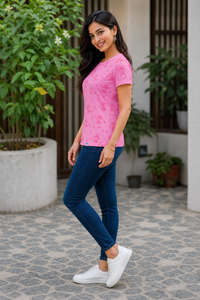 Women Pink Cherry Blossom Print T-Shirt Short Sleeves M-7266-23