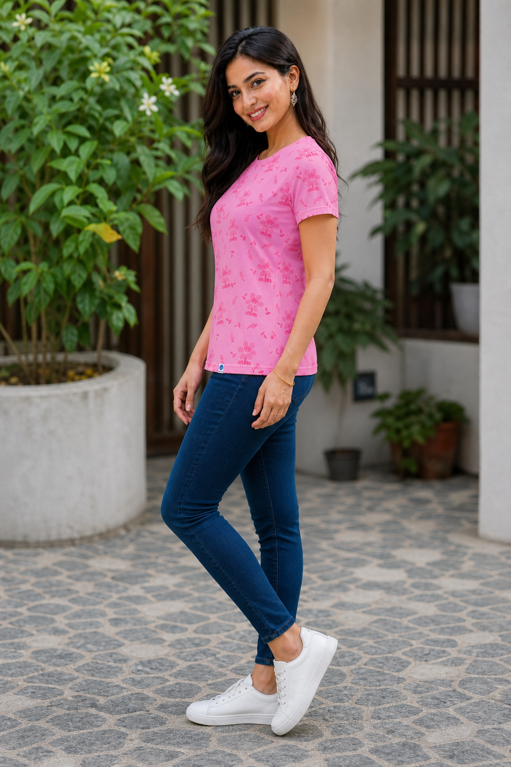 Women Pink Cherry Blossom Print T-Shirt Short Sleeves M-7266-23