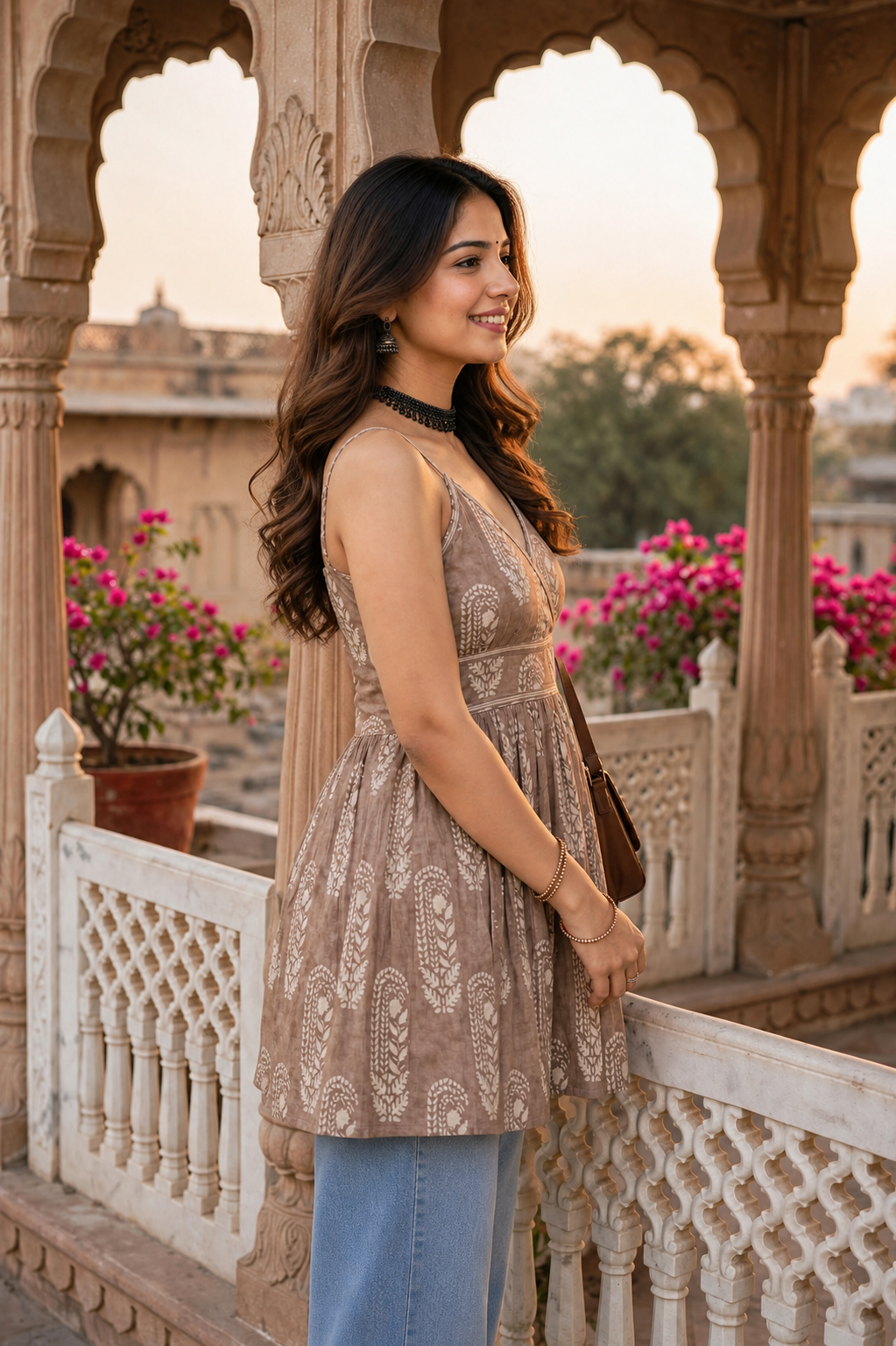 Women Beige & Grey Floral Printed Short Kurti - Sleeveless Cotton Angrakha Style Peplum Top ATL5230