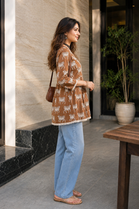 Women Brown Floral Printed Short Kurti 3/4 Sleeves - with Lace Border ATL1265