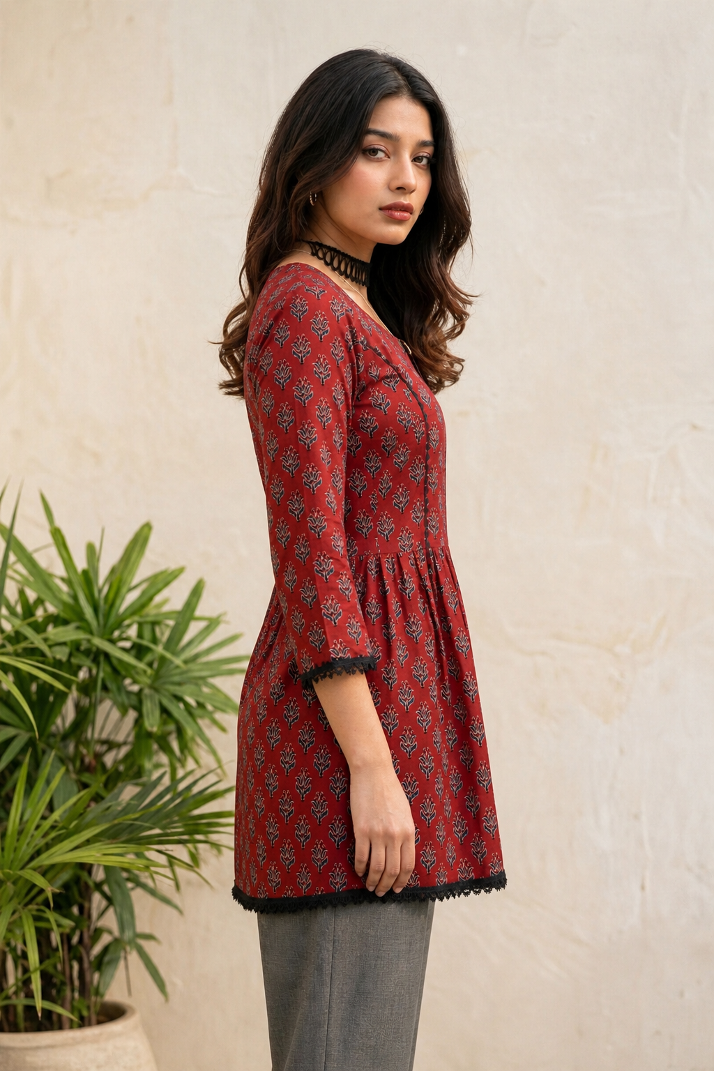 Women Rust Floral Printed Short Kurti 3/4 Sleeves - with Lace Border ATL1265