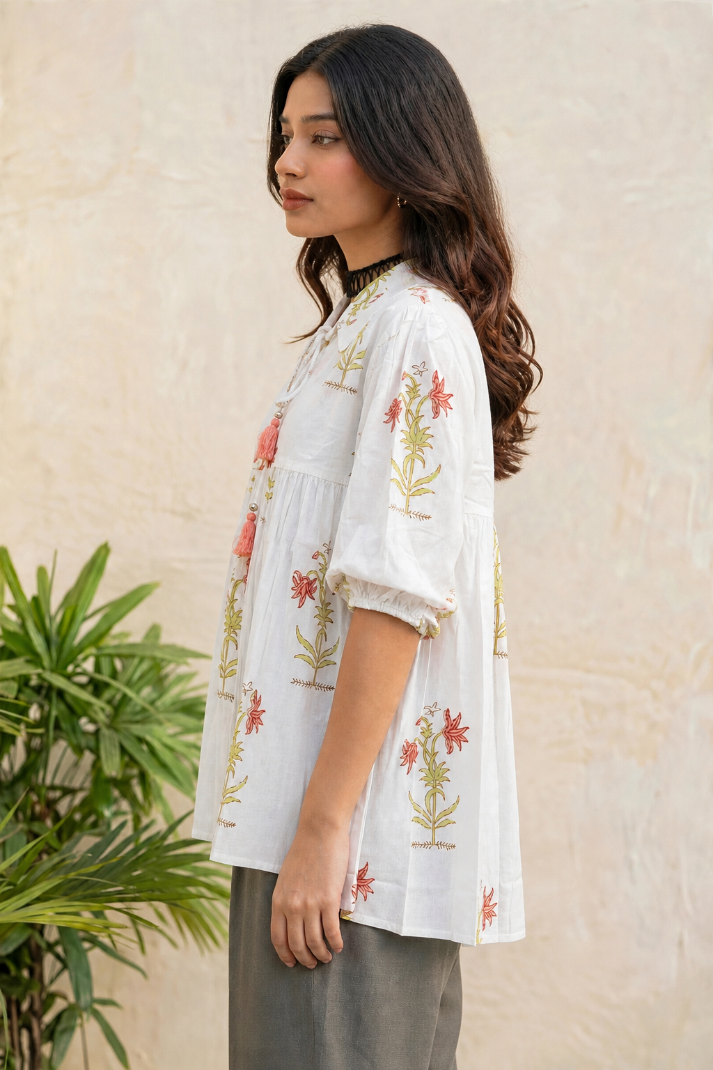 Women Peach Floral Printed Cotton Short Kurti - Collar Neck - Puff Sleeves with Tassel Dori ATL2300