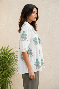 Women Pista Floral Printed Cotton Short Kurti - Collar Neck - Puff Sleeves with Tassel Dori ATL2300