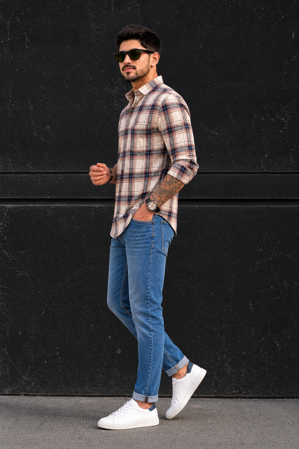 Cream Red Checks Shirt For Men - Casual Wear PRA-56800
