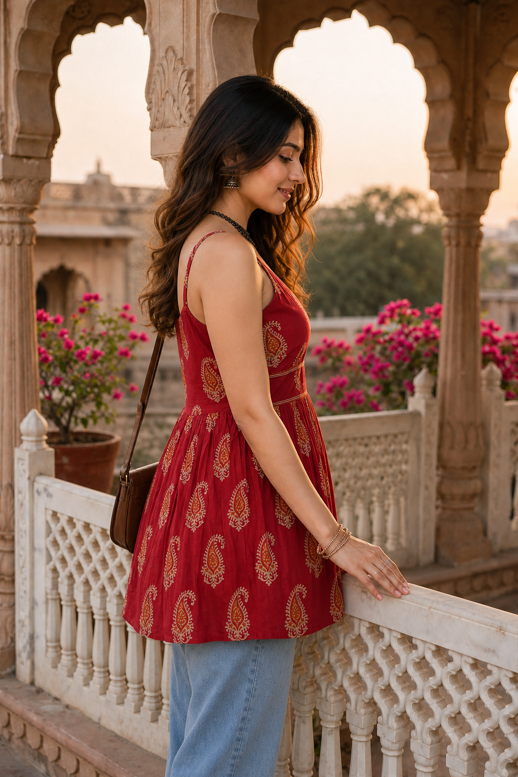 Women Red Floral Printed Short Kurti - Sleeveless Cotton Angrakha Style Peplum Top ATL5230