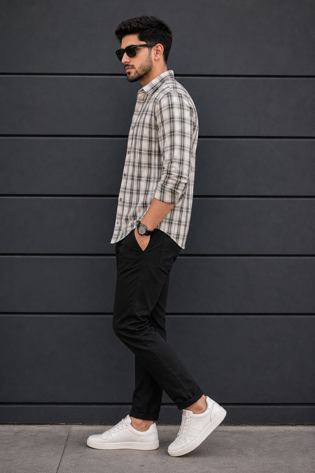 Men White & Green Checked Shirt - Full Sleeve KEV-5970