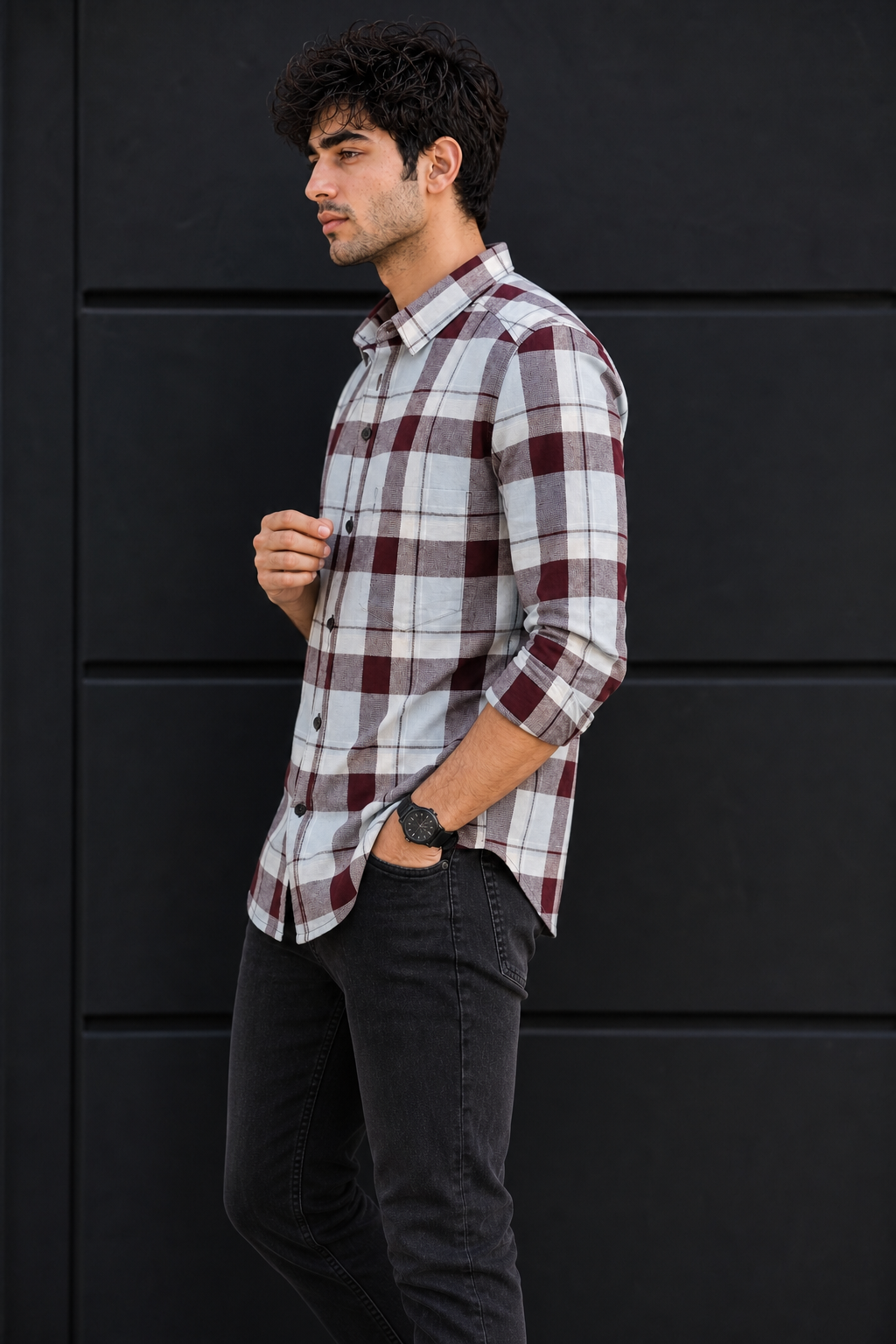 Men Wine & Sky Blue Checked Shirt PRA-568-2