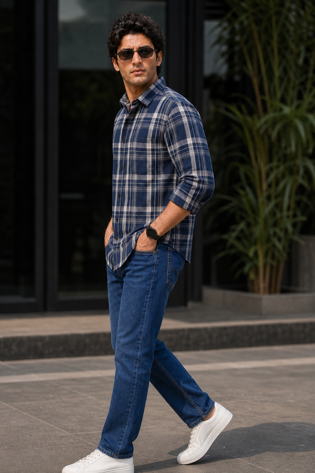 Classic Navy Blue Tartan Check Shirt - Men Slim Fit KEV-5920