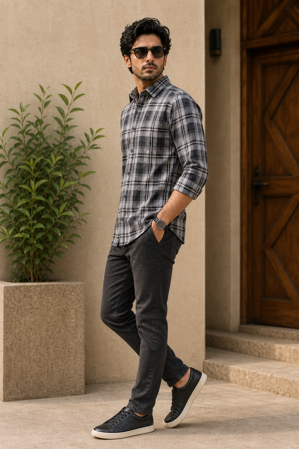 Premium Grey White Checkered Shirt For Men KEV-5920