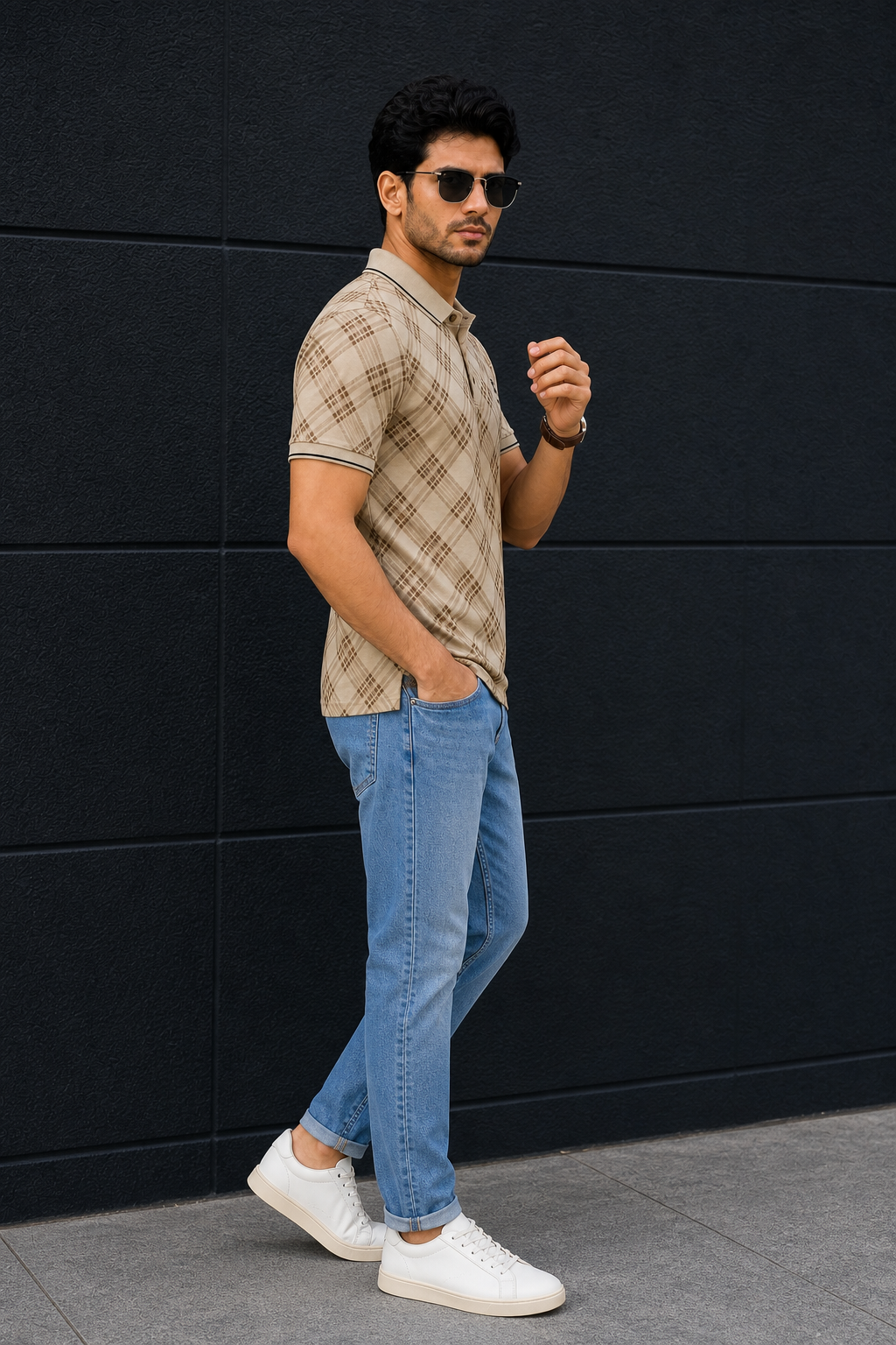Men Beige Checked Polo Tshirt - Half Sleeve 119