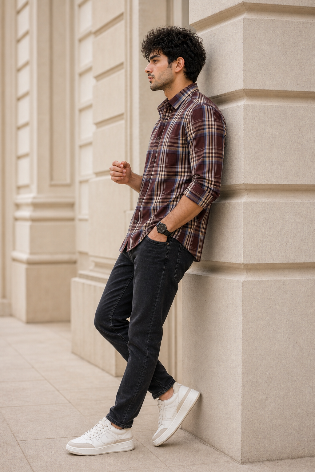 Men Coffee & Blue Checked Shirt - Full Sleeve KEV-597-14