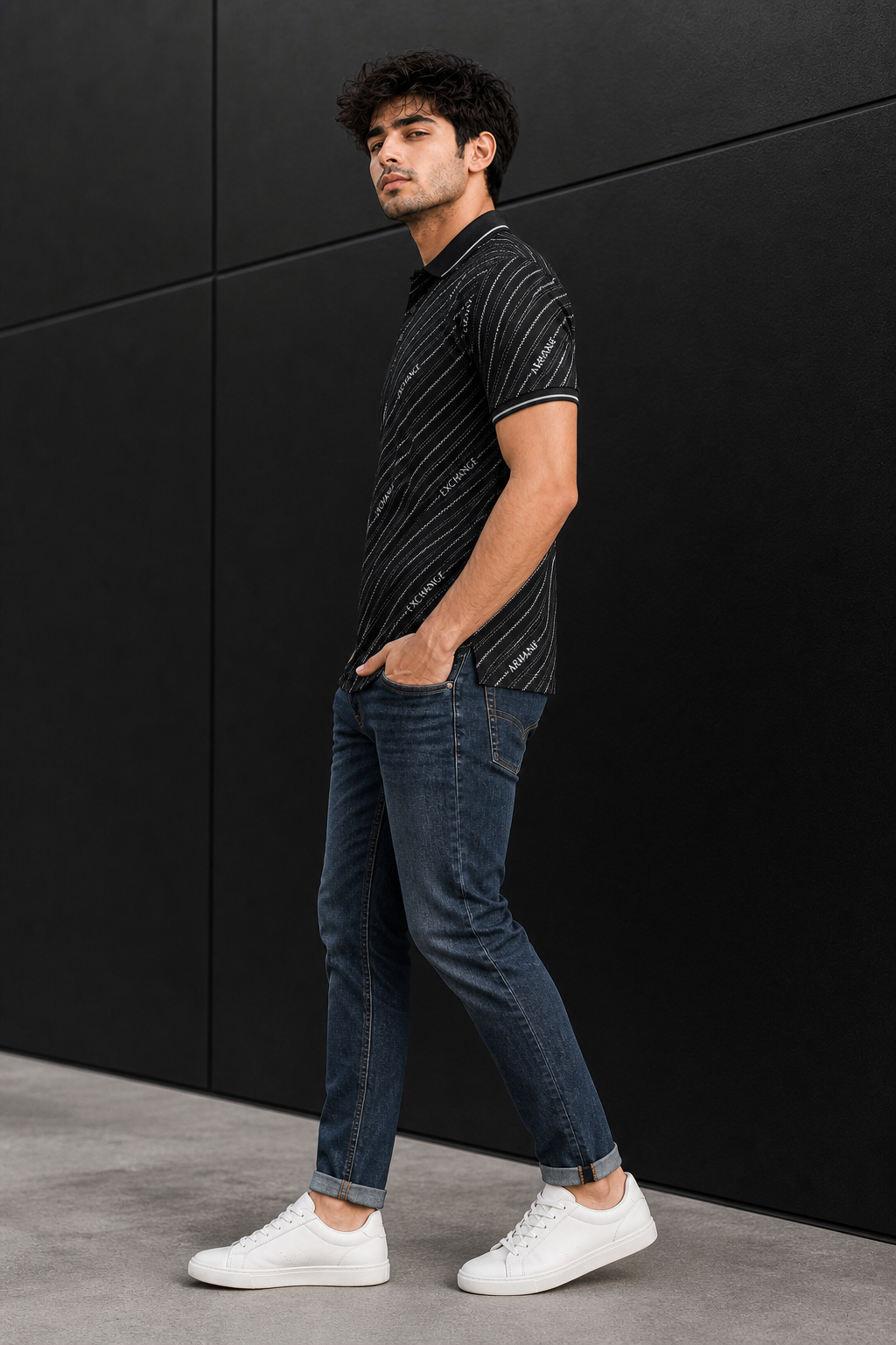 Men Premium Black Striped Polo T-Shirt with Snap Buttons 144