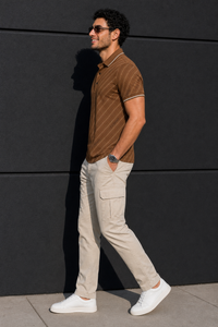 Men Premium Coffee Striped Polo T-Shirt with Snap Buttons 144