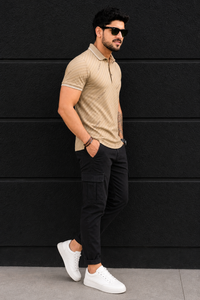 Men Premium Fawn Striped Polo T-Shirt with Snap Buttons 144