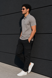 Men Premium Grey Striped Polo T-Shirt with Snap Buttons 144
