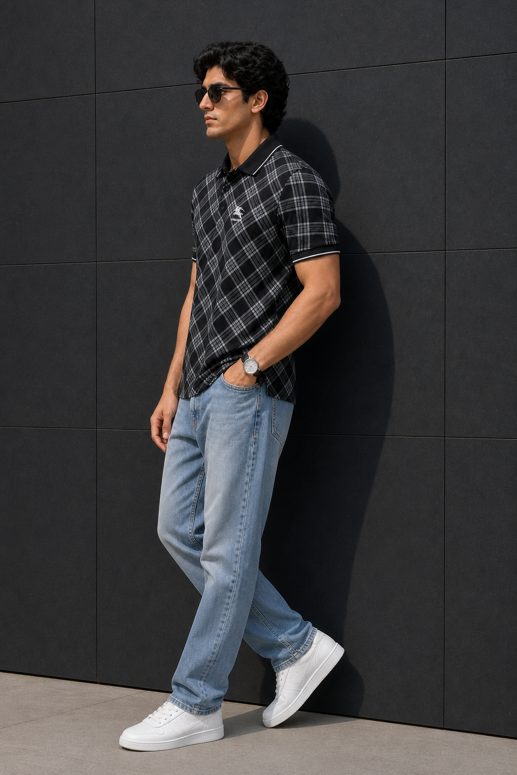 Men Black Checked Polo Tshirt - Half Sleeve 119