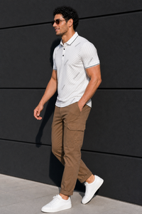 Men Premium White Striped Polo T-Shirt with Snap Buttons 144