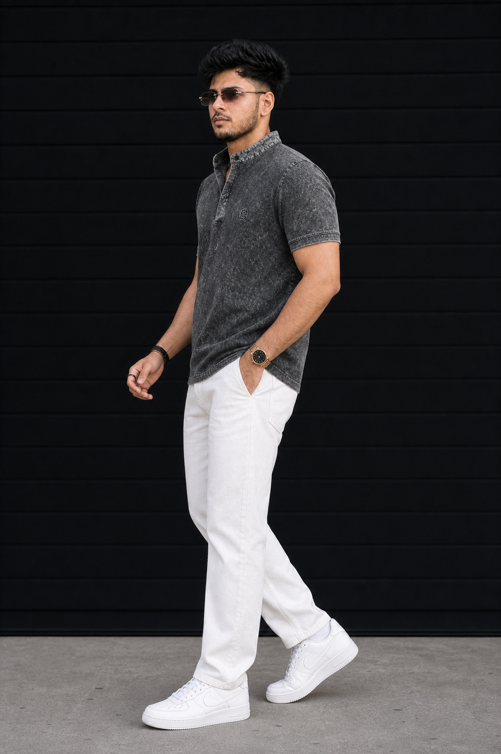 Men Black Acid Washed Henley Neck T-Shirt - Slim Fit 305
