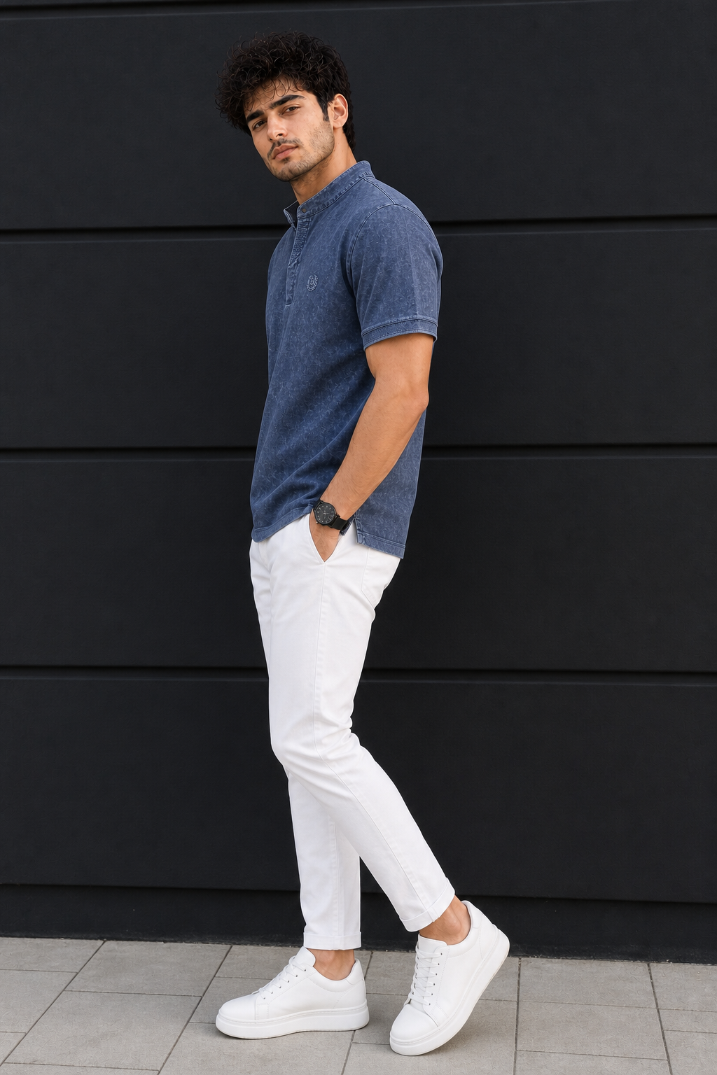 Men Blue Acid Washed Henley Neck T-Shirt - Slim Fit 305
