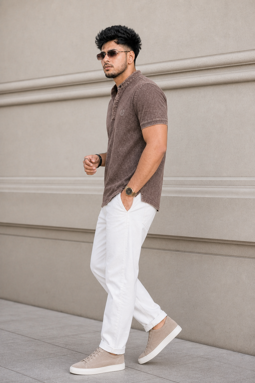 Men Brown Acid Washed Henley Neck T-Shirt - Slim Fit 305