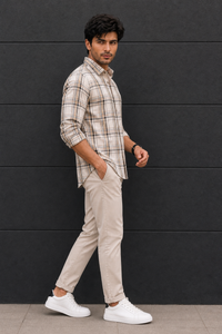 Men White & Beige Plaid Shirt | Long-Sleeve KEV-597-8