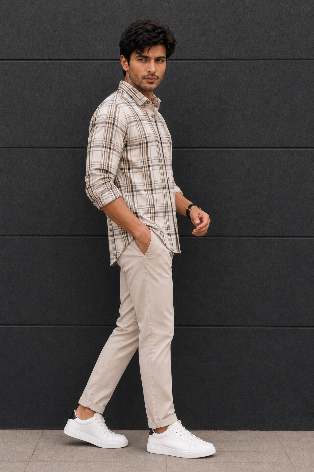 Men White & Beige Plaid Shirt | Long-Sleeve KEV-597-8