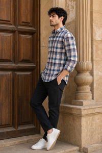 Men Medium Blue & Brown Plaid Button-Up Shirt KEV-597-24