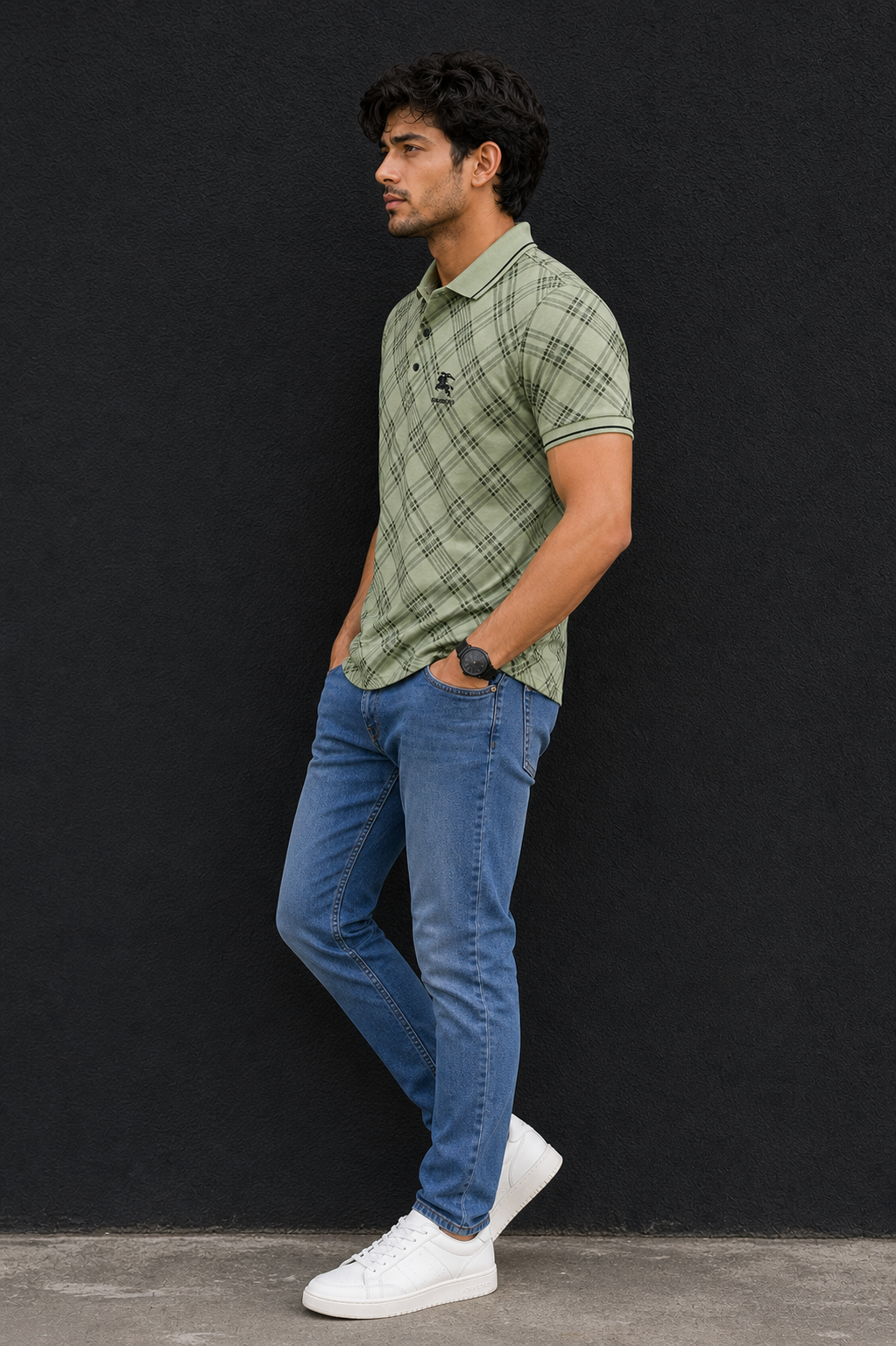 Men Green Checked Polo Tshirt - Half Sleeve 119