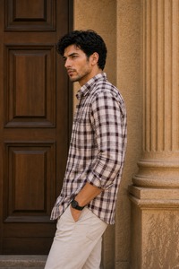 Men White Plaid Button-Up Shirt – Wine Check Long Sleeve KEV-597-8