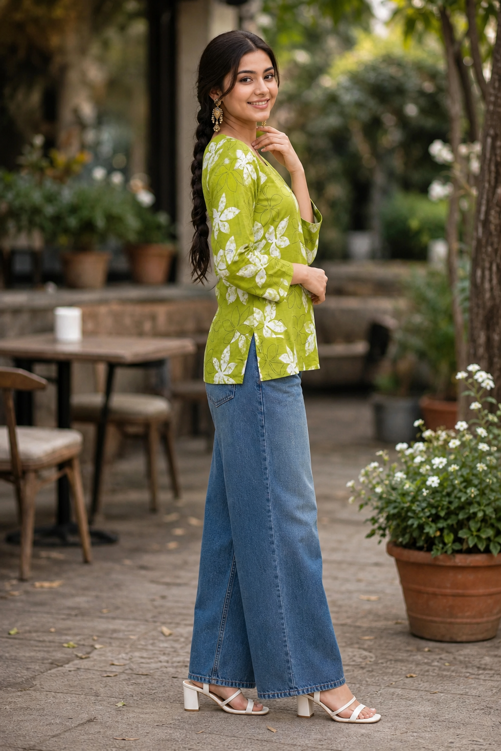 Women Lime Green Floral Leaf Print Back Lace Short Kurti 3561