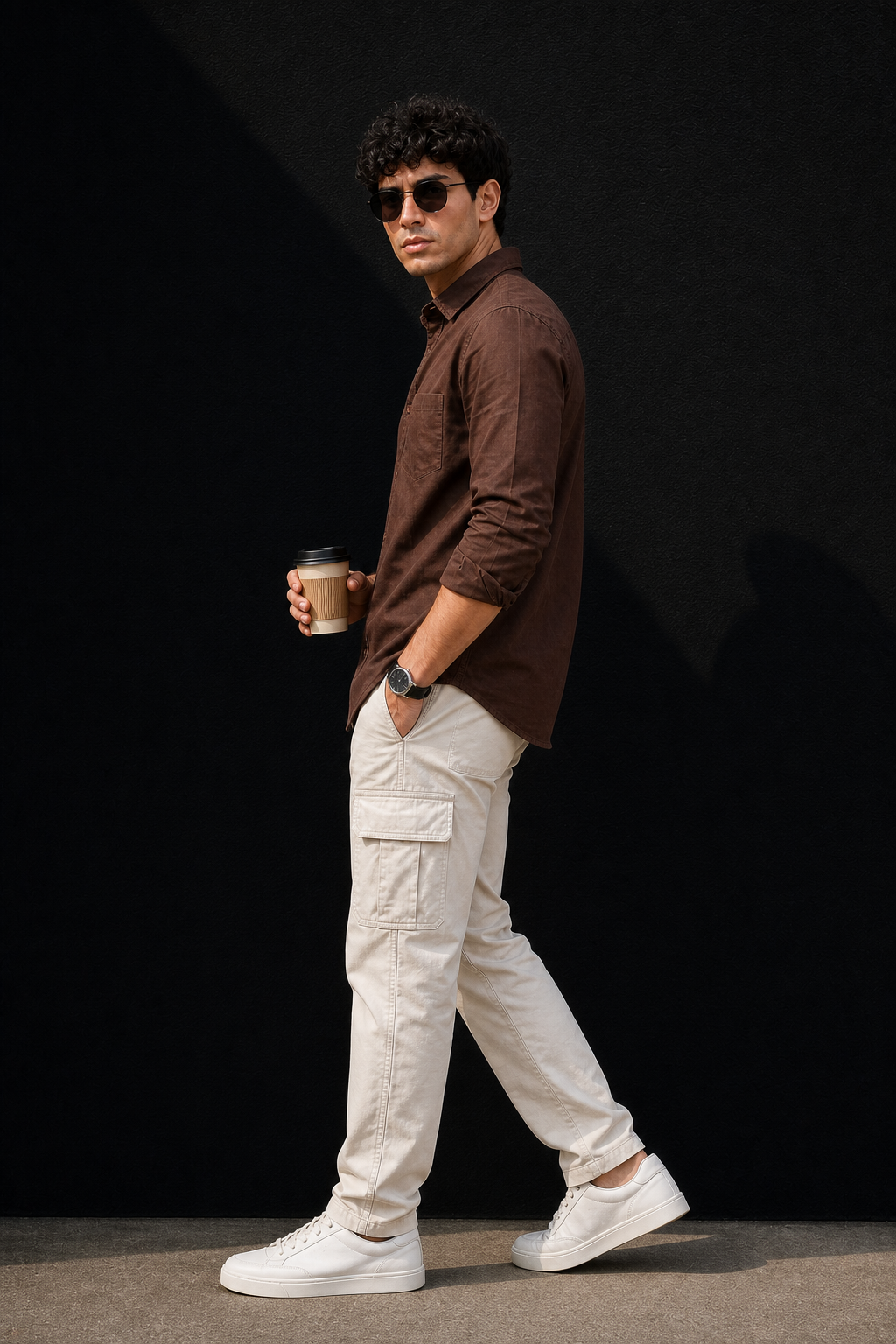 Men Solid Coffee Premium Cotton Long Sleeve Shirt GIZA