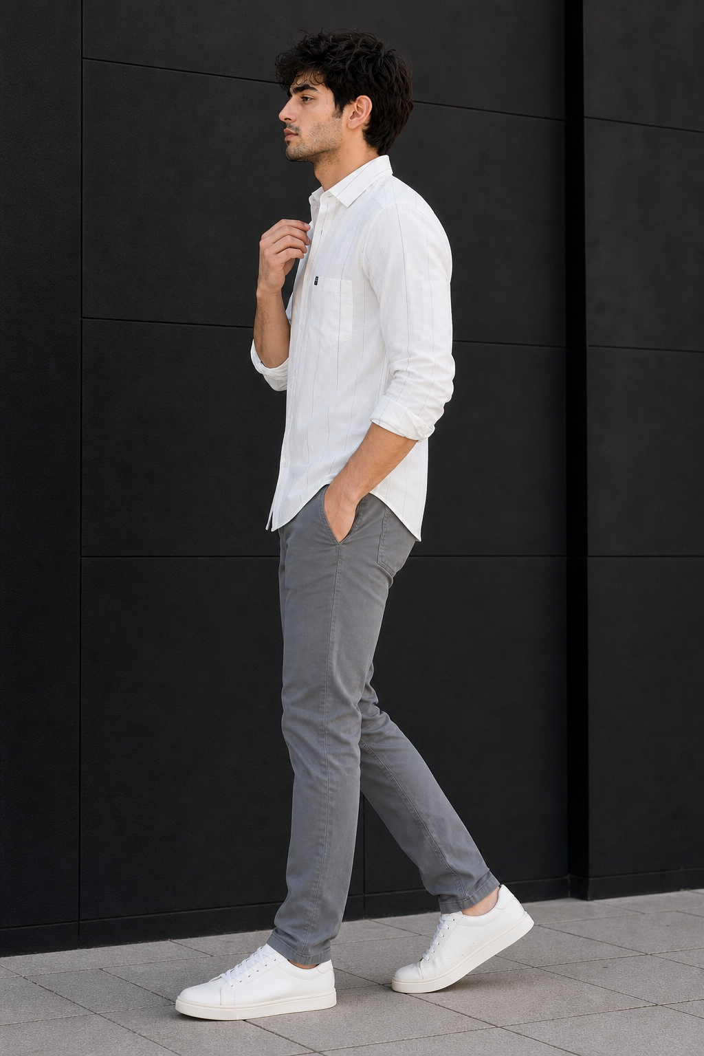 Men White & Blue Stripe Linen Cotton Shirt - Long Sleeves SUGA-525