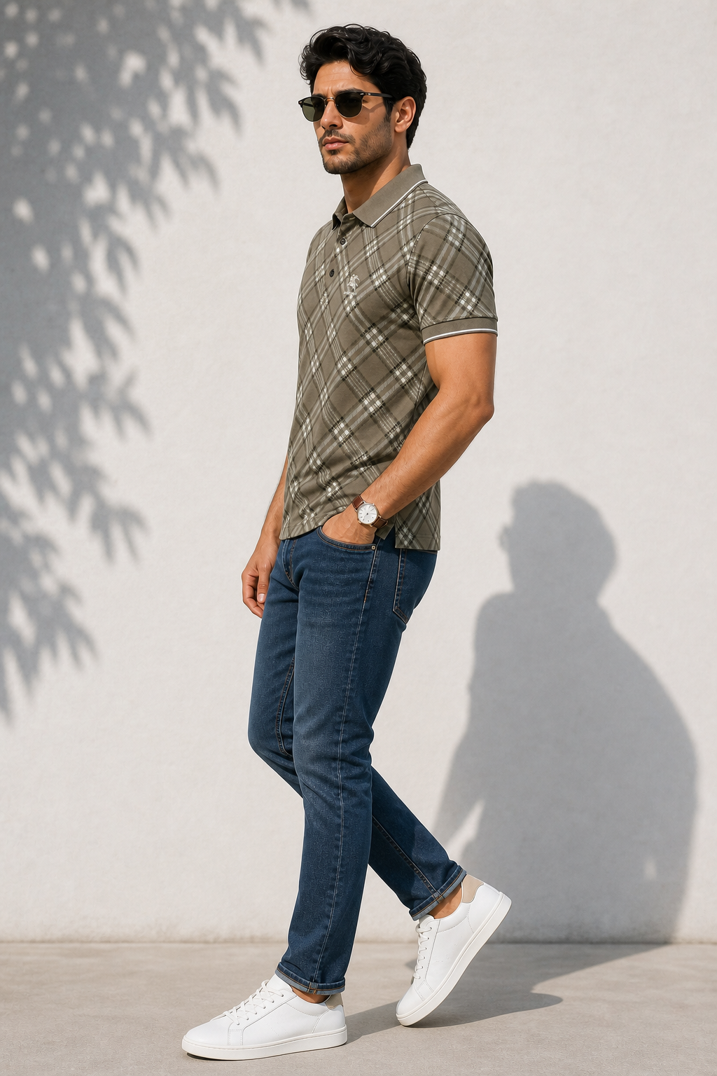 Men Olive Checked Polo Tshirt - Half Sleeve 119