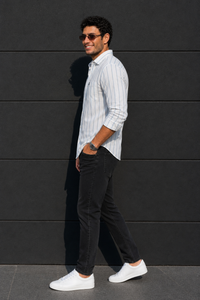 Men White & Blue Vertical Striped Linen Cotton Shirt - Full Sleeve SUGA-525