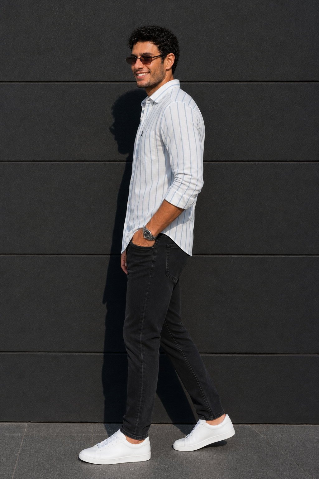 Men White & Blue Vertical Striped Linen Cotton Shirt - Full Sleeve SUGA-525
