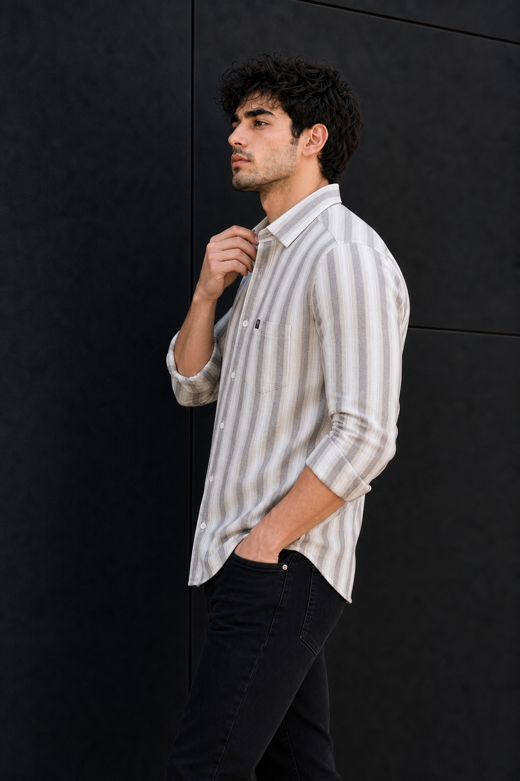 Men Beige & Coffee White Bold Striped Linen Cotton Shirt Long Sleeve Office & Casual Wear SUGA-525