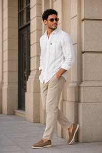 Men White & Fawn Bold Vertical Striped Linen Shirt - Full Sleeve SUGA-525