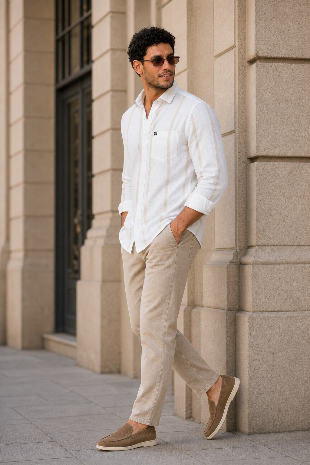 Men White & Fawn Bold Vertical Striped Linen Shirt - Full Sleeve SUGA-525