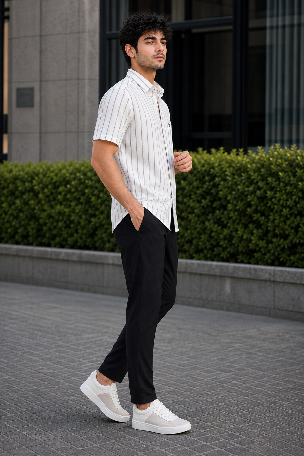 Men White & Grey Vertical Striped Linen Shirt - Half Sleeve SUGA-525