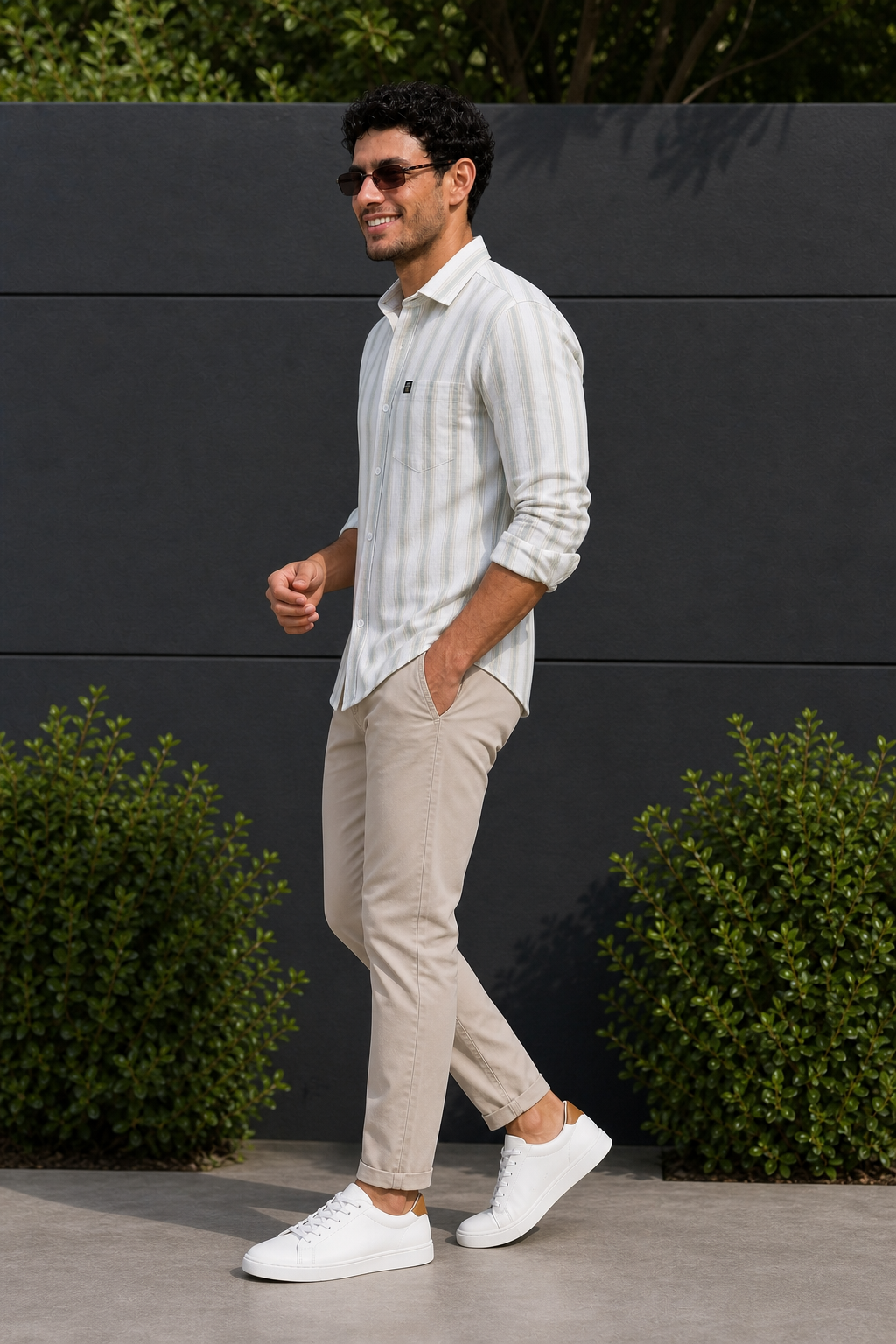 Men Beige & Pista White Bold Striped Linen Cotton Shirt Long Sleeve Office & Casual Wear SUGA-525