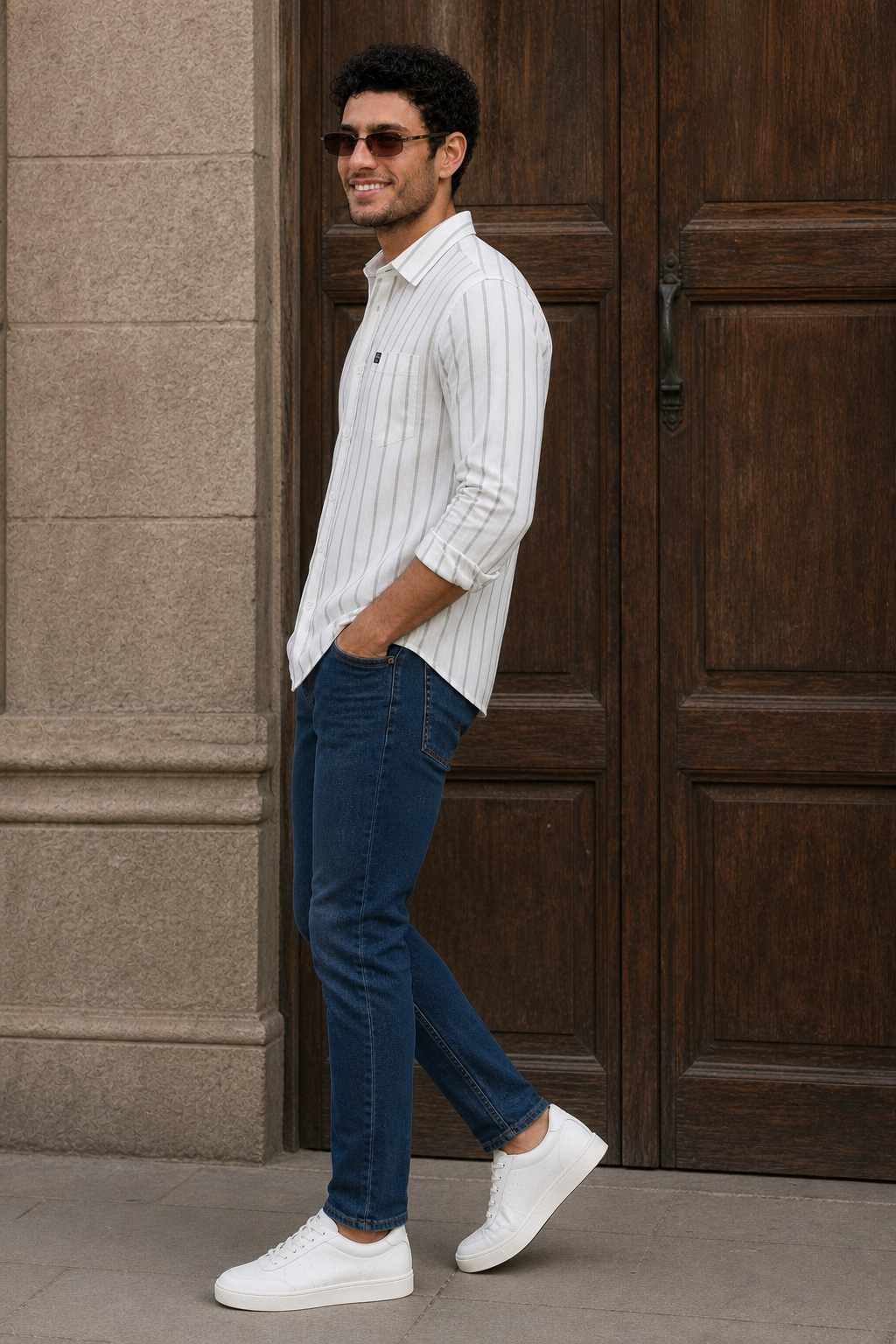  Men White & Olive Green Vertical Striped Linen Cotton Shirt - Full Sleeve SUGA-525