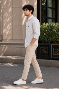 Men Off White & Black Striped Shirt - Full Sleeve SUGA-525
