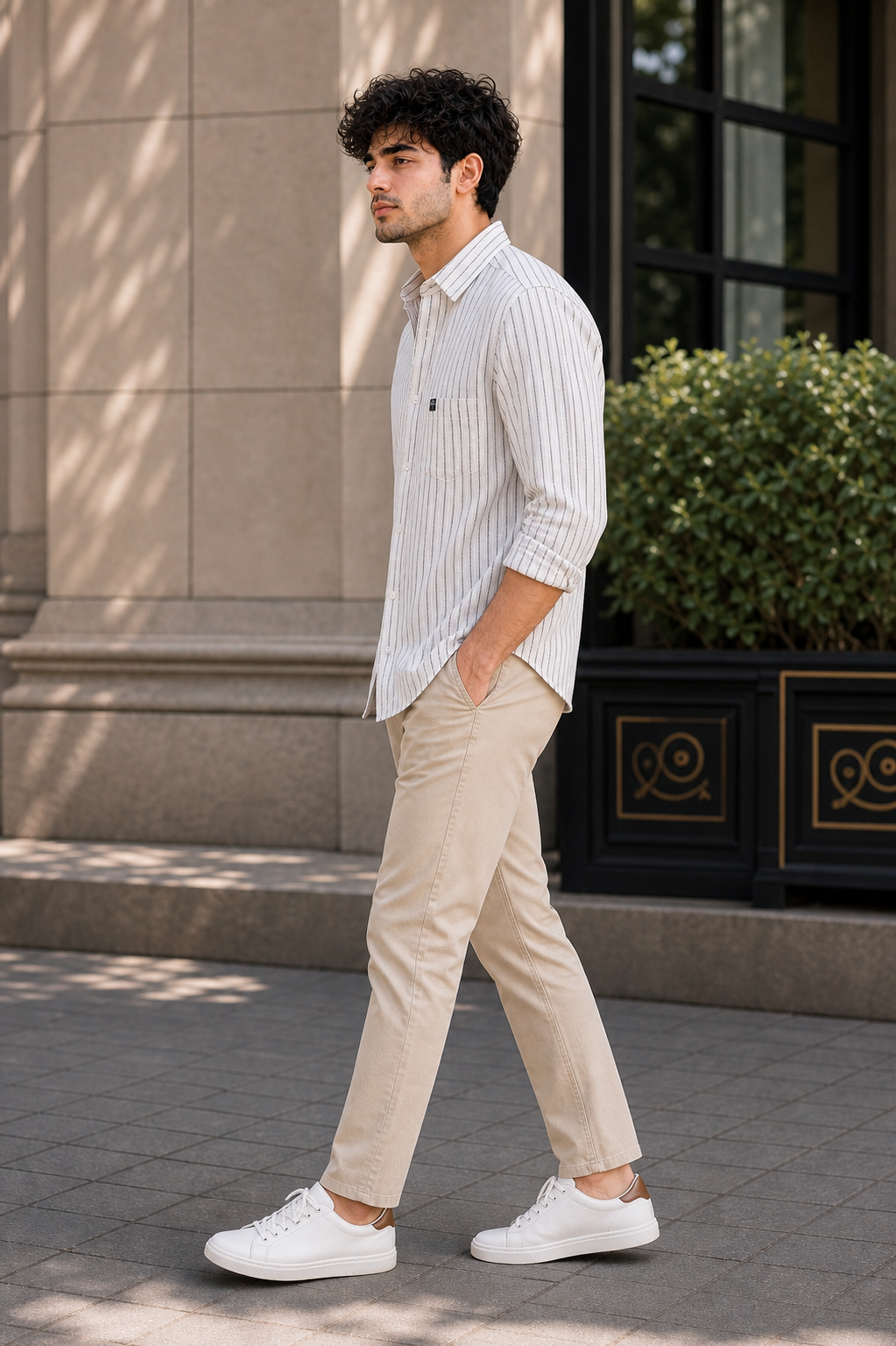 Men Off White & Black Striped Shirt - Full Sleeve SUGA-525