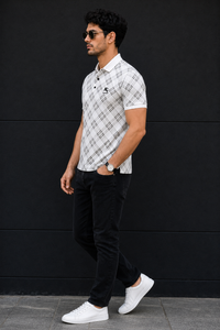 Men White Checked Polo Tshirt - Half Sleeve 119